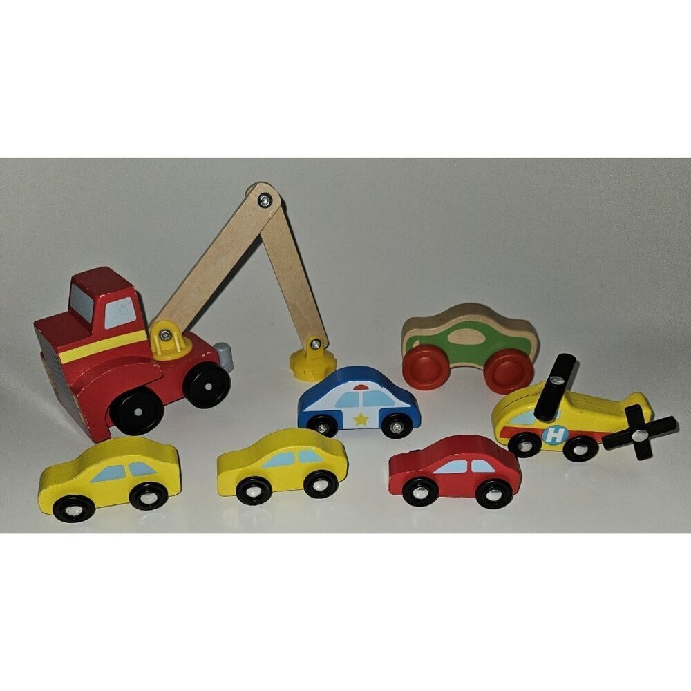 Melissa & Doug Wooden Vehicle Toy Lot Police Car Helicopter Loader Truck READ
